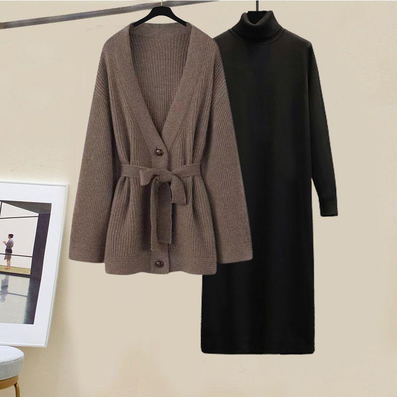 

2 шт./компл. осенне-зимний женский вязаный кардиган, длинное платье, комплект из двух частей, тонкий трикотажное платье M