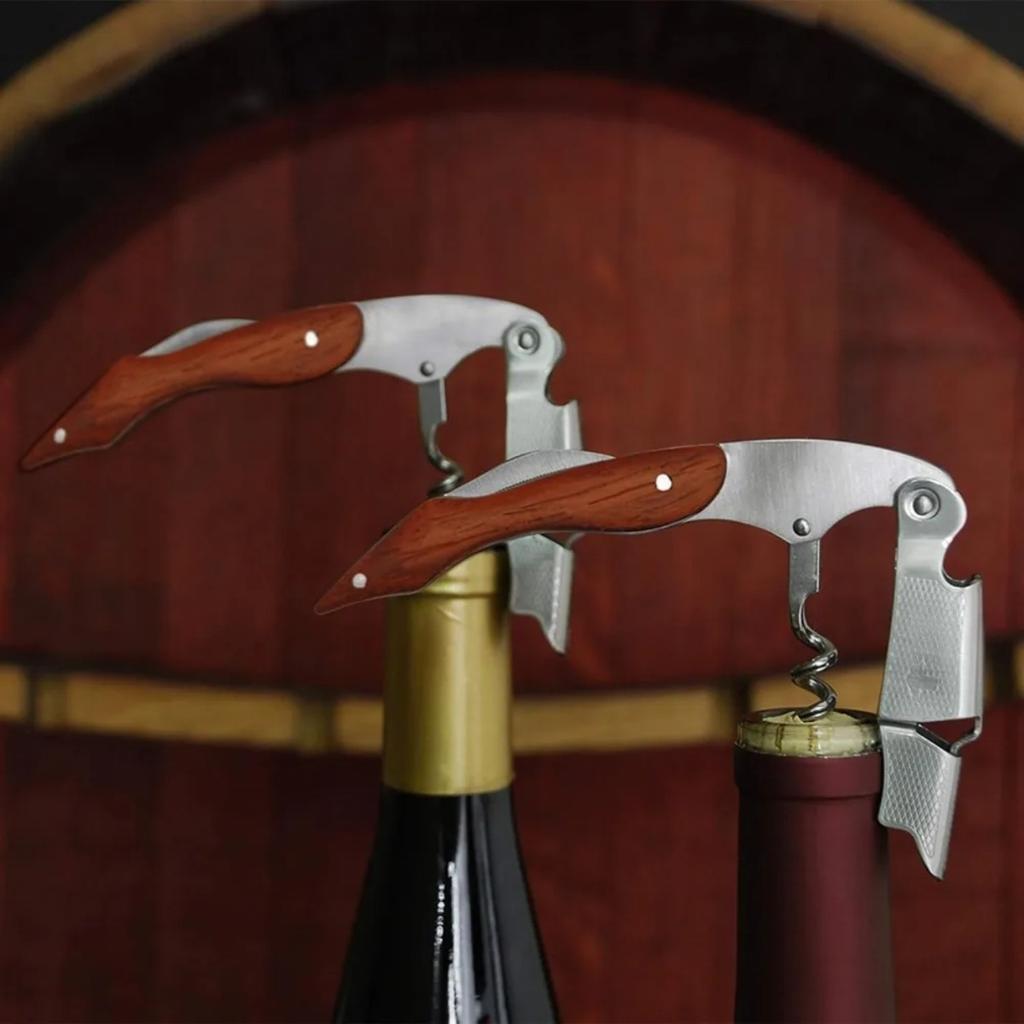 Durable Stainless Steel & Wood Corkscrew Multifunctional Spring-Loaded Double Lever Sommelier Wine Opener for Travel, Home Bar