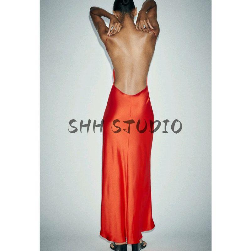 Summer New Product Women's Clothes American Minimalist Style V Neck Sleeveless Open Back Silk Satin Texture Length Dress 3067213