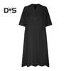 Summer Spring Dress with Pockets Buttoned V Neck Pleated Loose A-line Hem Half Sleeves Solid Color Midi Dress for Daily Wear Party Dating