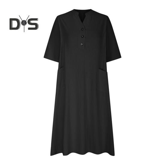 Summer Spring Dress with Pockets Buttoned V Neck Pleated Loose A-line Hem Half Sleeves Solid Color Midi Dress for Daily Wear Party Dating