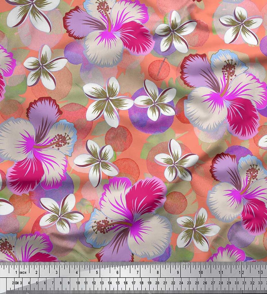 Soimoi Japan Crepe Satin Fabric Leaves & Plumeria Flower Decor Fabric Printed Metre 42 Inch