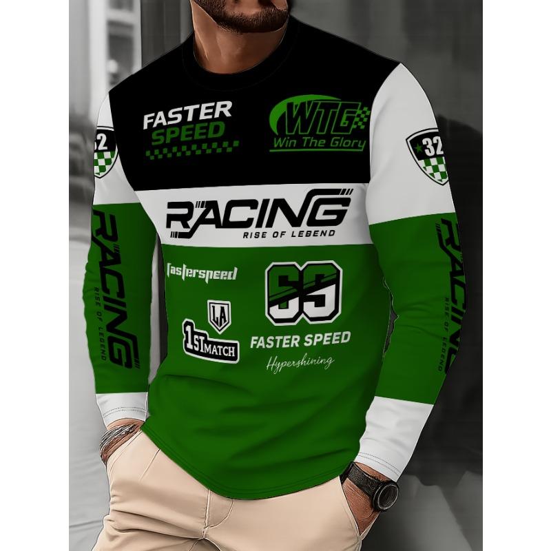 Men's Crew Neck Long Sleeve T-Shirt with Trendy Racing Element Print and Letter Graphic for Casual Wear, PLUS SIZE