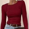 Fitted Ribbed Long Sleeve Blouse with Split Breasted Design for Casual Spring/Autumn