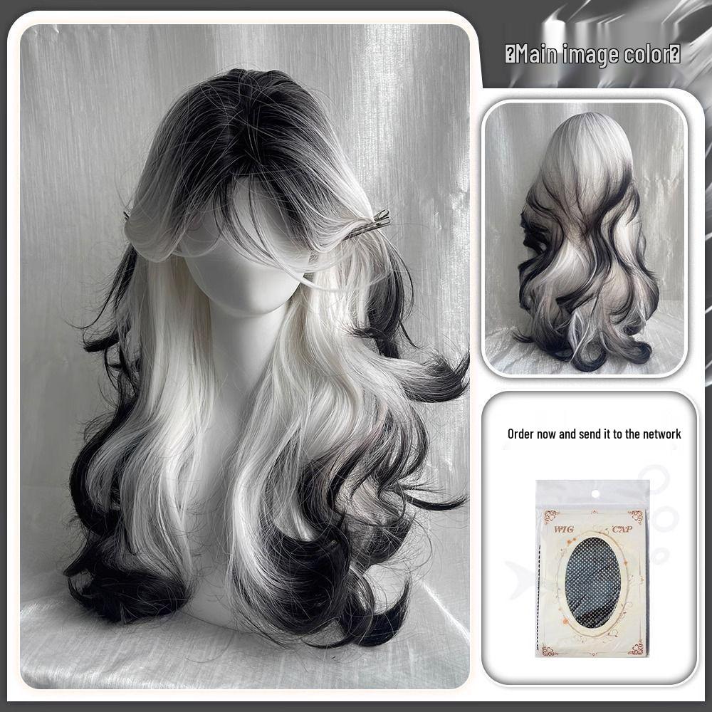 

Чернила в облаках: Черно-белый градиентный длинный кудрявый парик со средним пробором