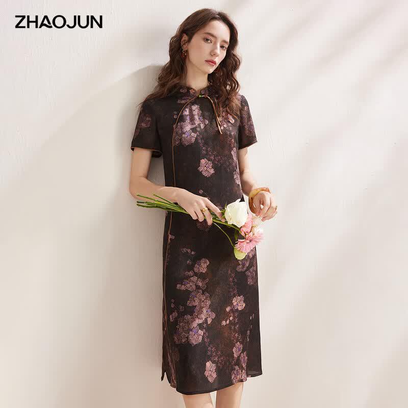 Women s Silk Bubble Crepe Cheongsam Midi Dress XL цветочные печати