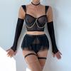 Women Sexy Sheer Mesh Lingerie Dress Set With Chain Halter Neck And Gloves 4 Piece Lingerie Set