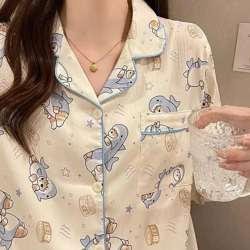 Cartoon Little Cat Little Shark Women's Pajamas Funny Cute Casual Home Sleepwear Spring New Milk Silk Pajamas