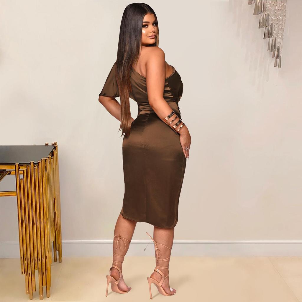 One-Shoulder Slit Midi Dress - Women's Fashion Solid Color, Europe & America Style