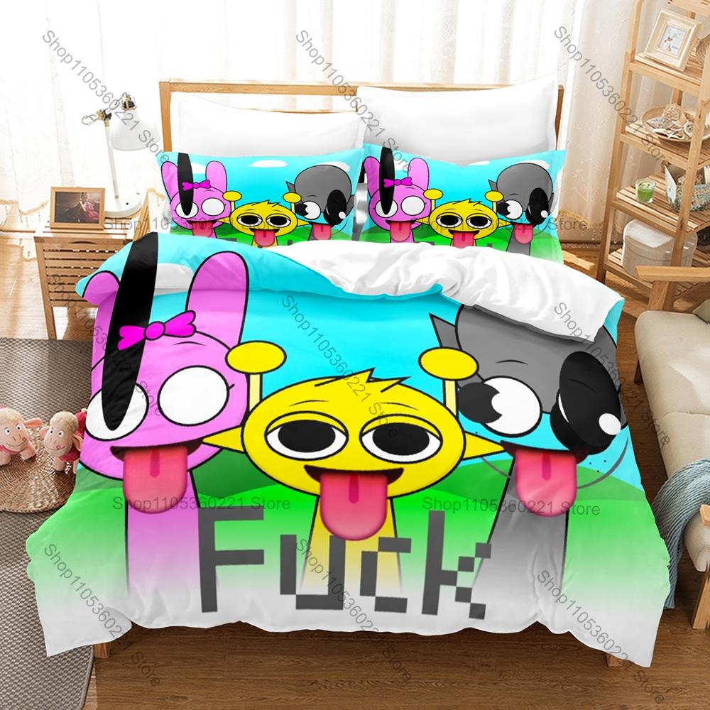 S-Sprunki 3PCS Bedding Set, Duvet Cover + 2 Pillowcases, Colorful Music Game Print Soft Microfiber for Gamers Fans Decor