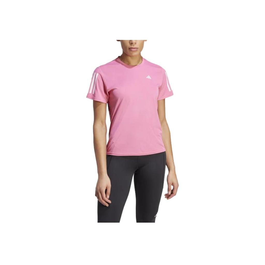 Adidas Slim Striped Letter Logo Print Round Neck Short Sleeve T-Shirt Women Tops Pink IL4128