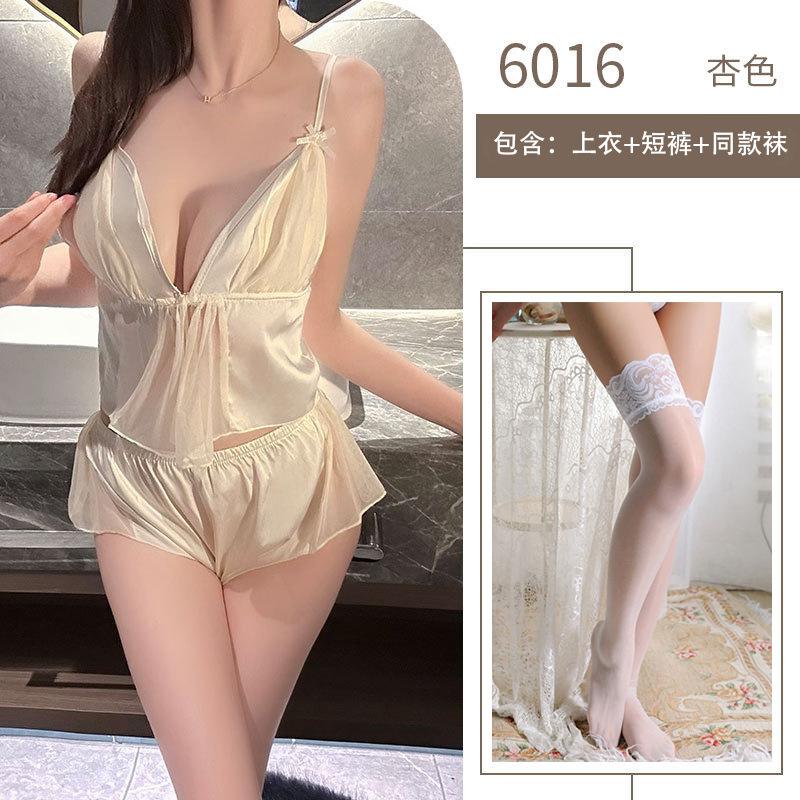 Sex Sexy Underwear Women's Summer Ice Silk Thin Sex Fun Front Open Lace Perspective Set