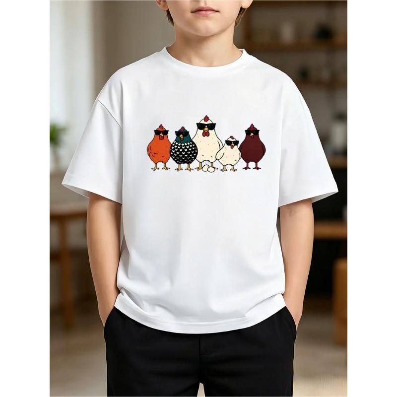 European sizes Boys' Graphic T-Shirt Loose Casual Short Sleeve Crew Neck Cool Chickens with Sunglasses Print Birthday Gift Kids Outfit