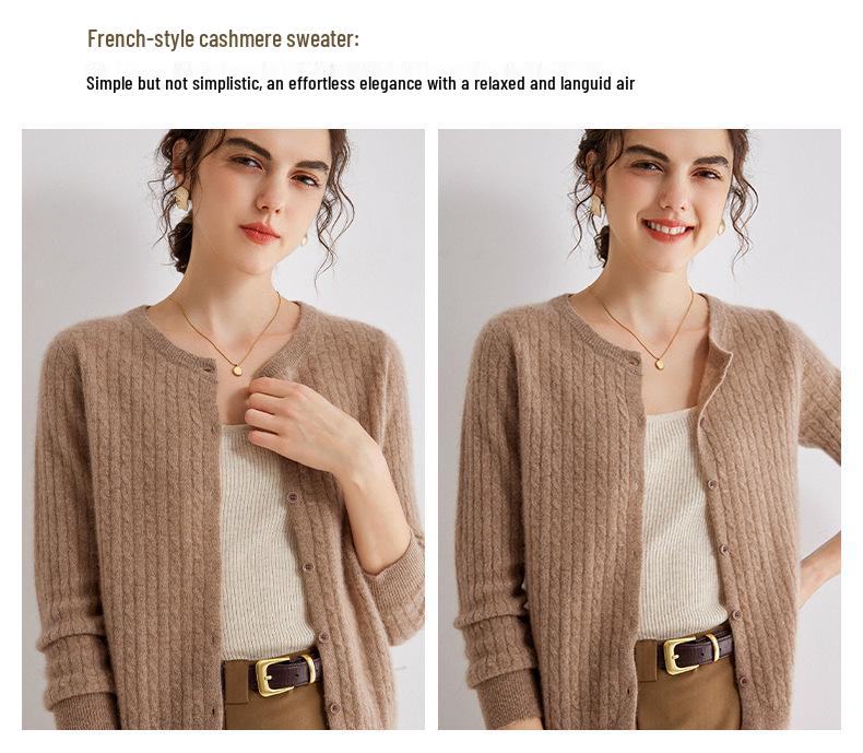 Women's Gold Sand Cashmere Cardigan - Twisted Cable Knit, Round Neck, Striped, Slim Fit, Autumn/Winter Sweater.