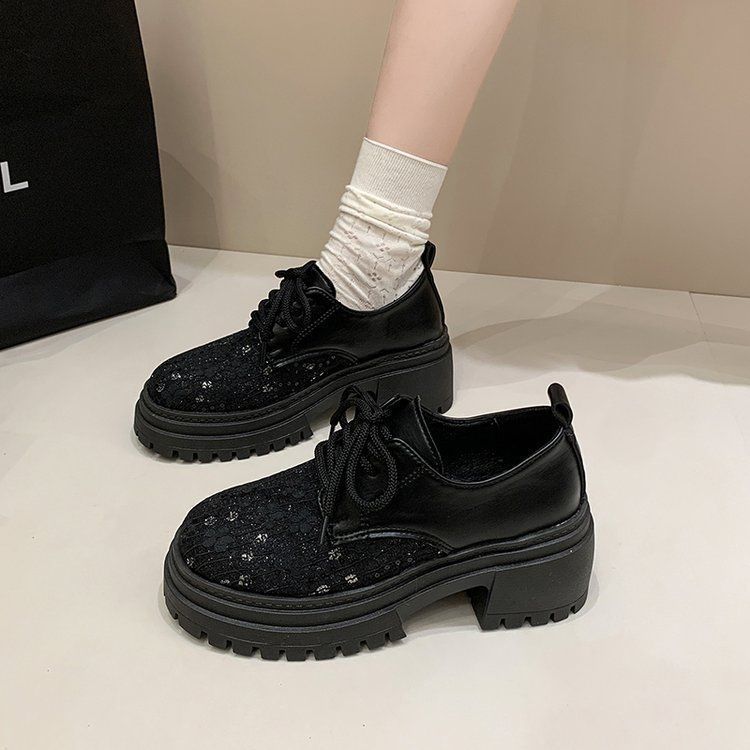 Big Head Lace-up Small Leather Shoes Women's 2025 Spring and Summer New Small Platform Women's Shoes Fashionable Heightening Loafers