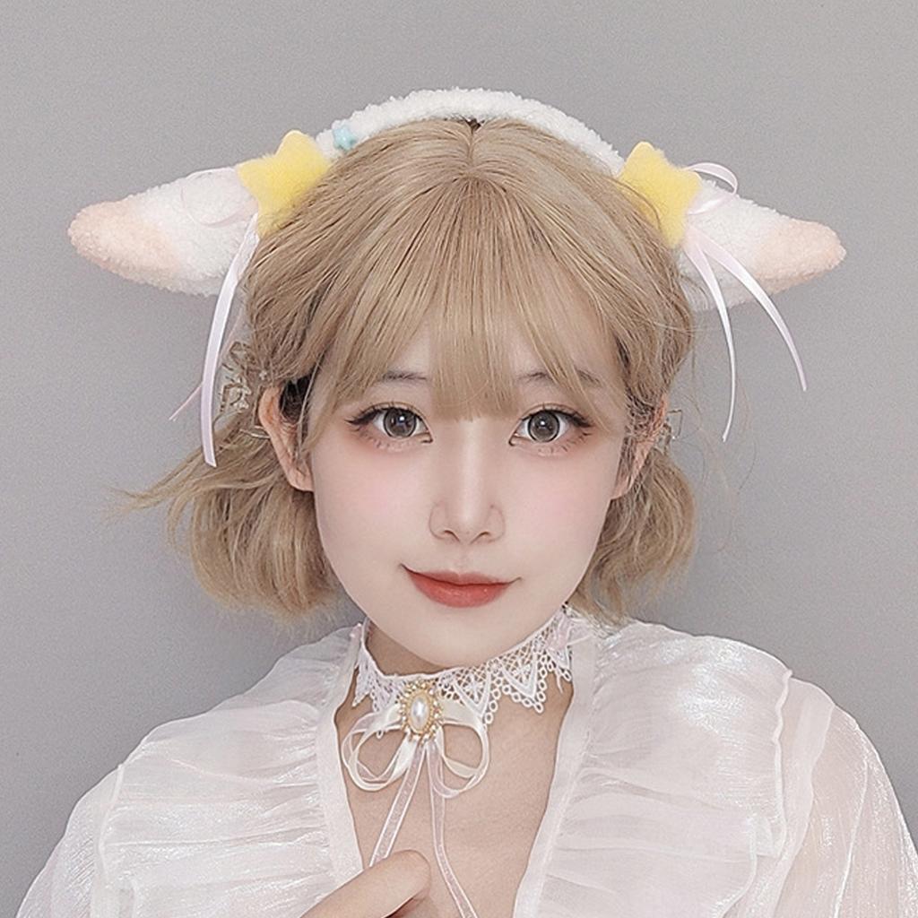 Furry Ear Hairhoop for Women with Bowtie Plush Hairband LolitaStyle Cosplay Headband Party Costume Masquerade Headdress