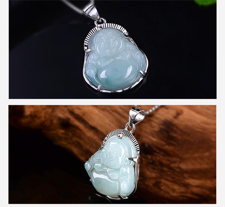 S925 Sterling Silver Jadeite Maitreya Buddha Pendant Necklace - Smiling Face Jade Buddha