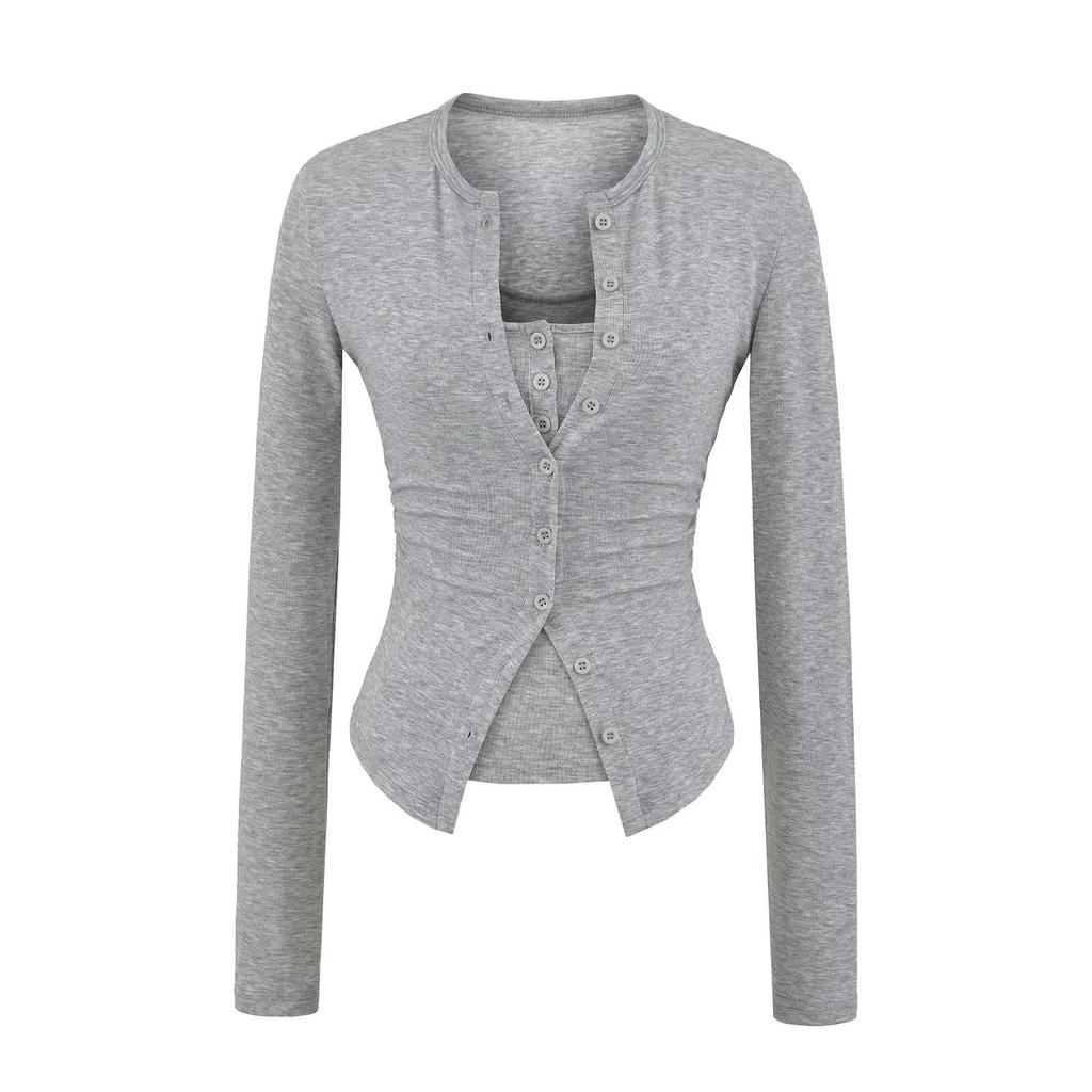 American Style Women's Waist-Cinched Button-Down Cardigan Vest and T-Shirt Two-Piece Set