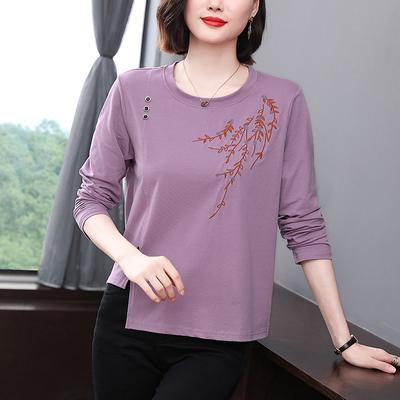 Middle-aged Mothers Spring Fashionable Women's Clothing Embroidered Long-sleeved T-shirts For Middle-aged And Elderly Women Loose Large Size Tops