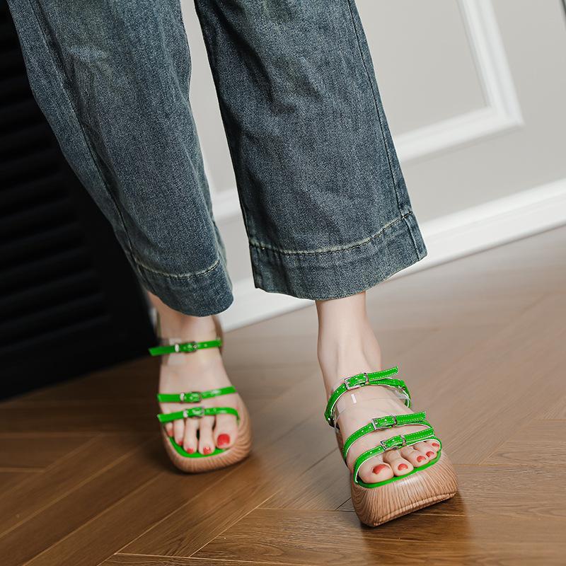 Stylish and Simple Thick-soled One-word Open-toed Half-slippers Women's High Heels and Light Small People To Increase the Height of Beach Cool Slipper