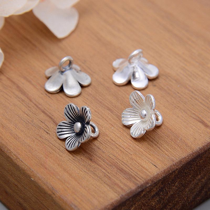 S925 Sterling Silver Vintage Thai Five-Petal Flower Pendant DIY Beaded Bracelet Accessory.