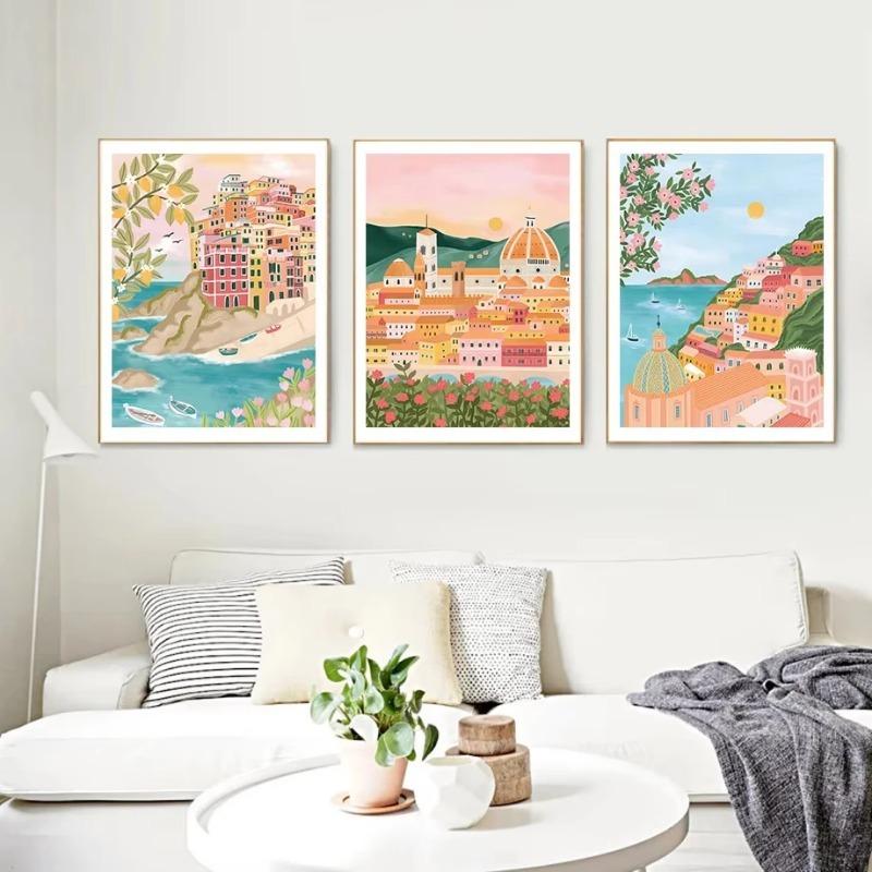 Santorini Zitronen Kaffeeblumen Abstrakte Landschaft Poster und Drucke Wandkunst Leinwandgemälde Bilder Für Wohnzimmer Heimdeko