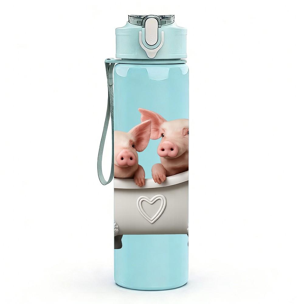 1PC Two Piglets Bathtub Cartoon 750ml Color Plastic Sports Water Bottle Leakproof Flip Straw Lid For Sports Office Home Use