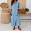 Middellange Jurk Dames Zomer Knopen Lange Jurk, Casual Losse V-hals Tuniek Op te rollen Mouw Vakantie Lounge Outfits Feest