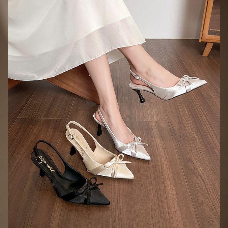 Pointed thin heel French bow high heel single shoes 2025 spring and summer new fashion bag head sandals women's summer outer wear