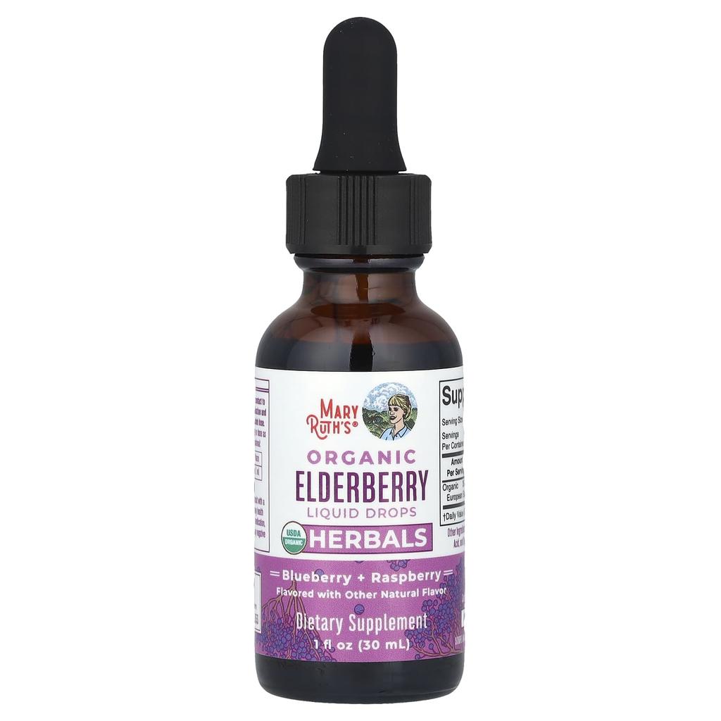 MaryRuth's Organic Elderberry Liquid Drops, Herbal, Blueberry + Raspberry, 1 Fl Oz (30 Ml)