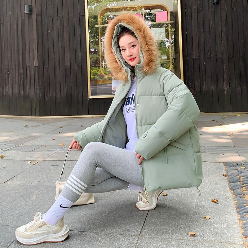 Women's Autumn Winter Hooded Solid Color Fur Collar Pocket Parka Zipper Loose Short Cotton Coat