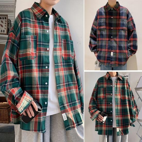 

Осенне-весенняя мужская рубашка с отложным воротником, однобортная, свободная, в клетку, с принтом, уличная одежда средней длины, кардиган, пальто с нагрудным карманом, топ