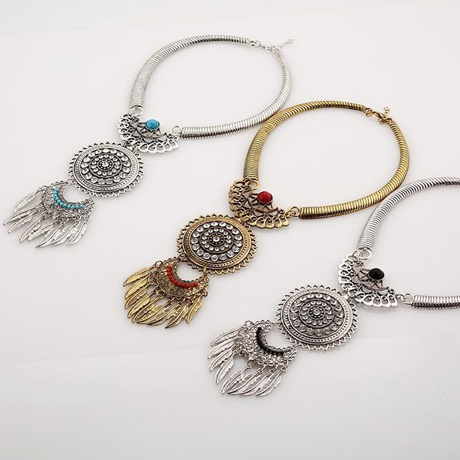 Vintage Geometric Alloy Necklace With Gemstone Leaf Tassel For Women
