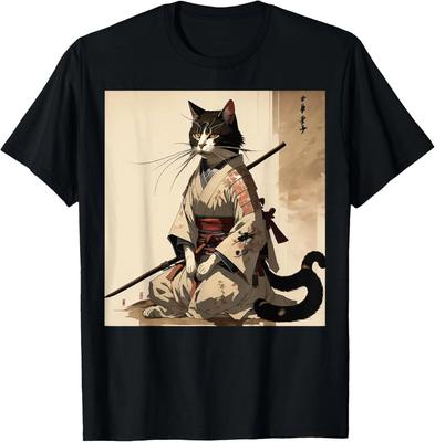 T-shirt Giapponese con Opera d'Arte Gatto Samurai