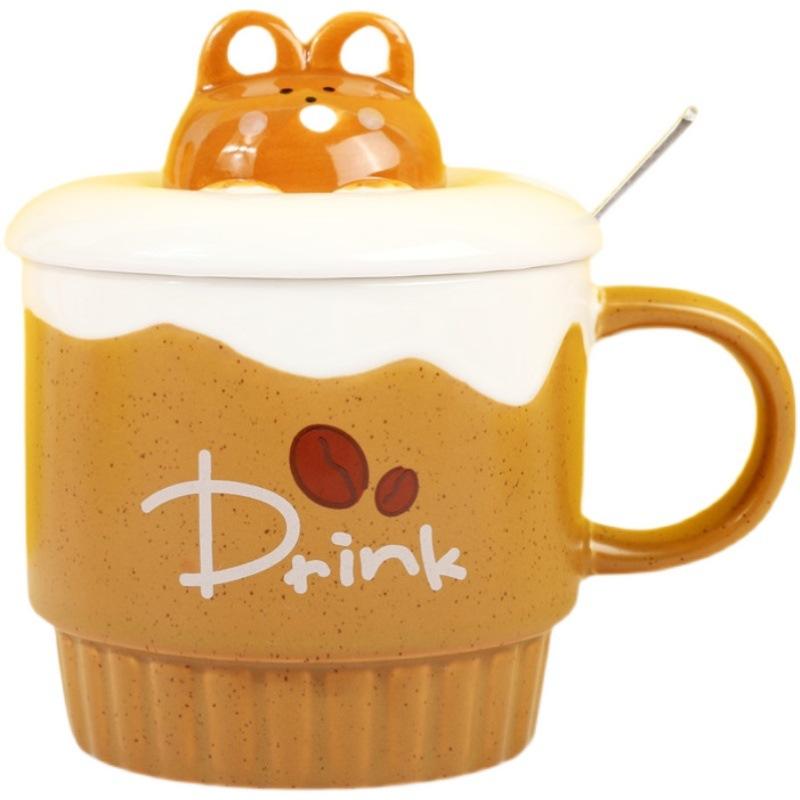 Cute Cartoon Coffee Milk Bear Ice Cream Ceramic Cup with Lid Spoon Girls Water Cup Home Breakfast Oatmeal Cup Mug