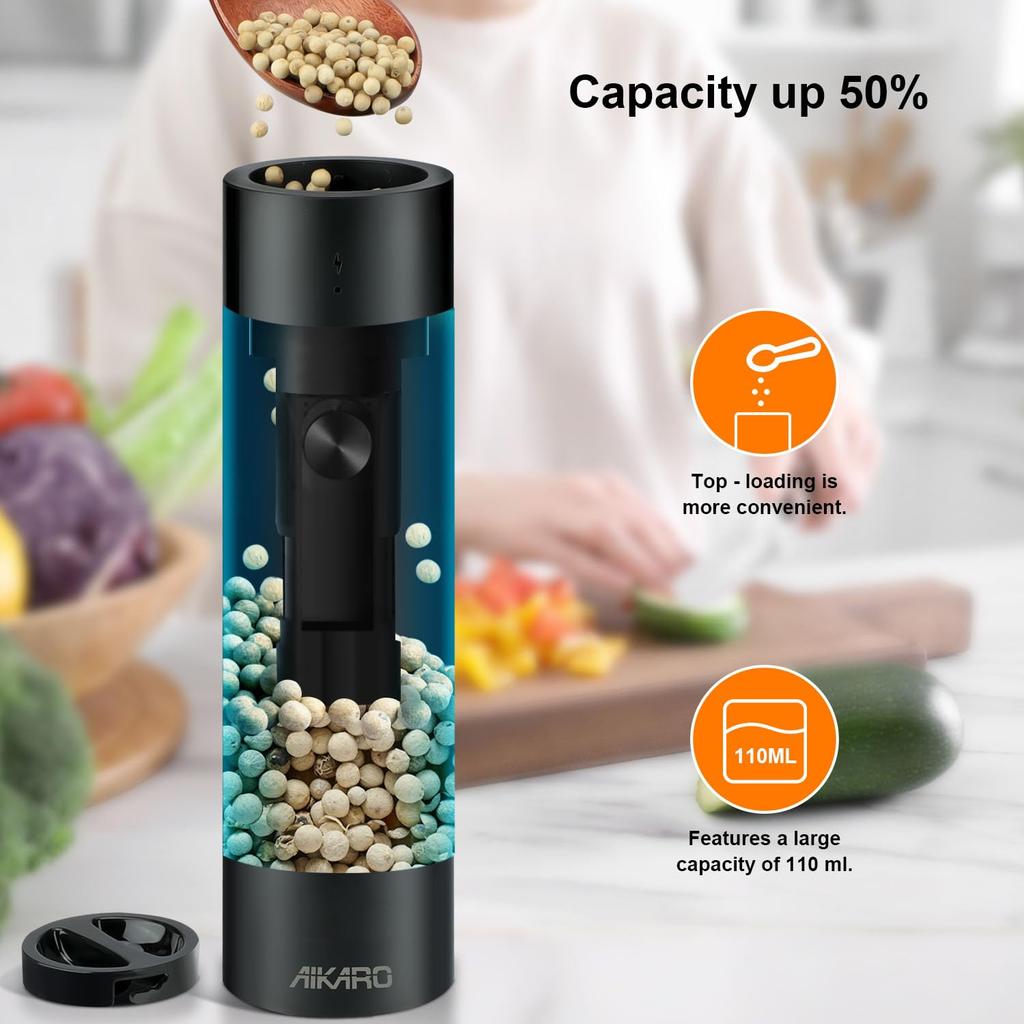 AIKARO - Electric Salt and Pepper Mill, Automatic Spice Grinder, Battery Operated