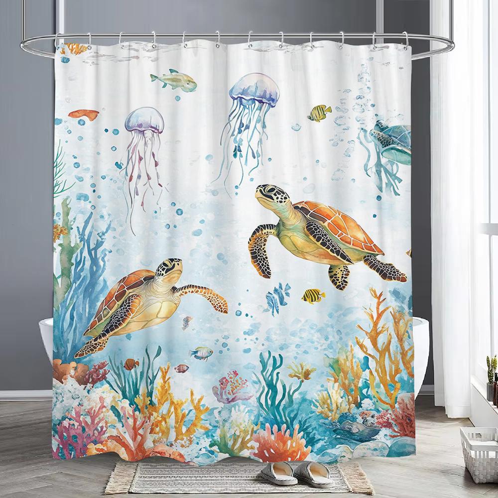 Sea Turtle Shower Curtain, Beach Coastal Sea Turtle Starfish Jellyfish Underwater Creatures Bathroom Decorative Shower Curtains