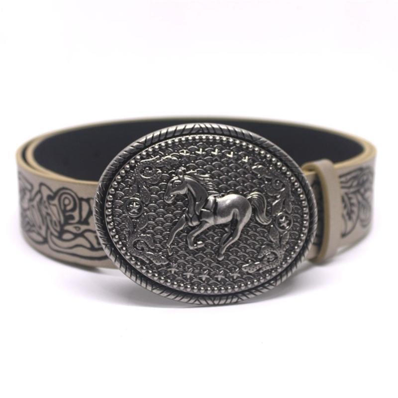 Floral Engraved PU Belt for Jeans Women Vintage Horse Pattern Buckle Waist Belt