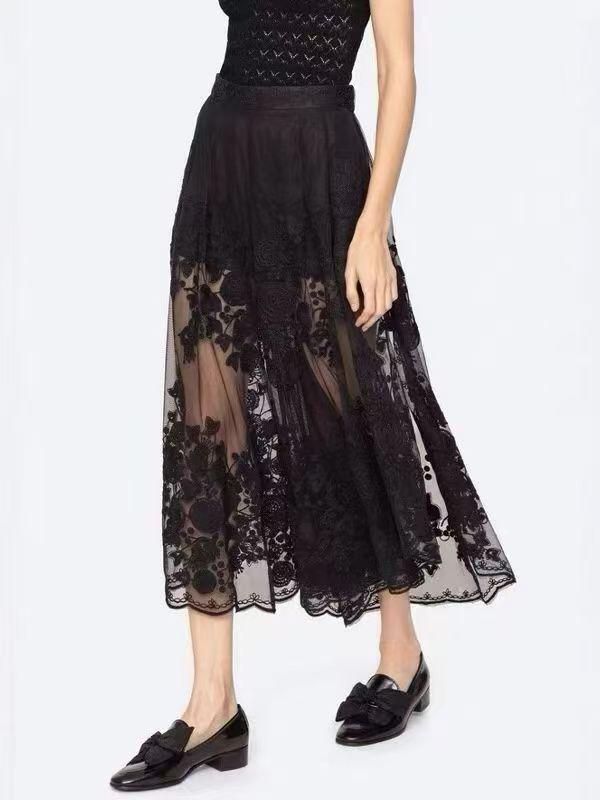 

High Waist French Lace Embroidered Mesh Flared Pants with Inner Lining - Sweet Retro Style for Spring/Summer 34 (S) чёрный