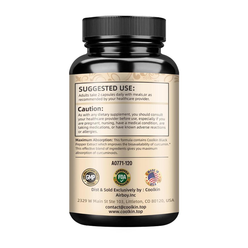Potent turmeric capsules, containing curcumin and black pepper extract, for joint health, suitable for both men and women.