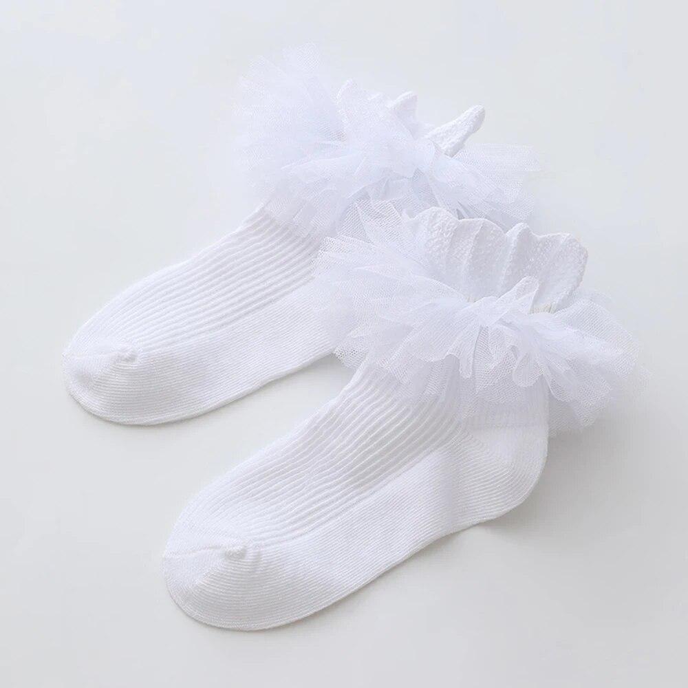 1Pair Of Girls Lace Lace Solid Color Thin Spring And Autumn Breathable Cotton Mid-tube Lovely Princess Socks