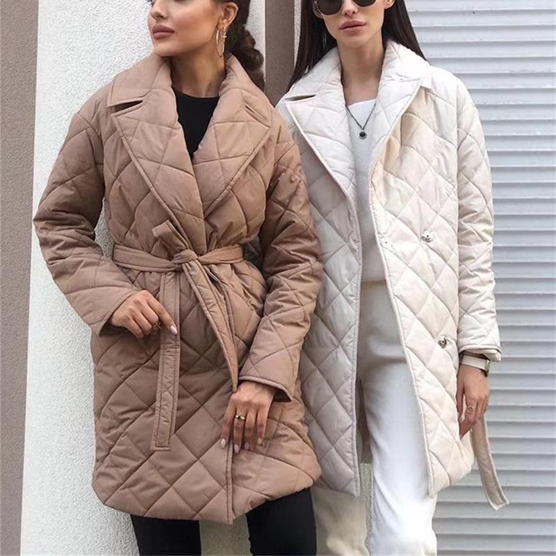 2025 Autumn Winter Women's Notched Lapel Trench Coat, Diamond Quilted Waist Belt Cotton Coat with Button Front, Fashion Slim Fit Mid-Length Parka