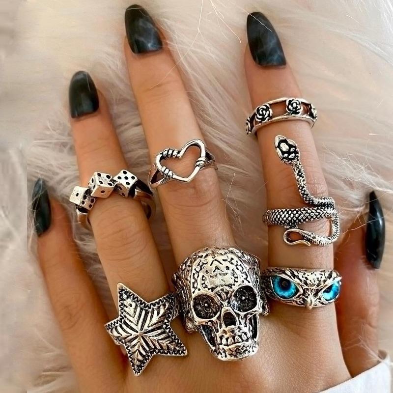 New dark hip-hop skull spider card exaggerated retro ring 24-piece set punk ring jewelry