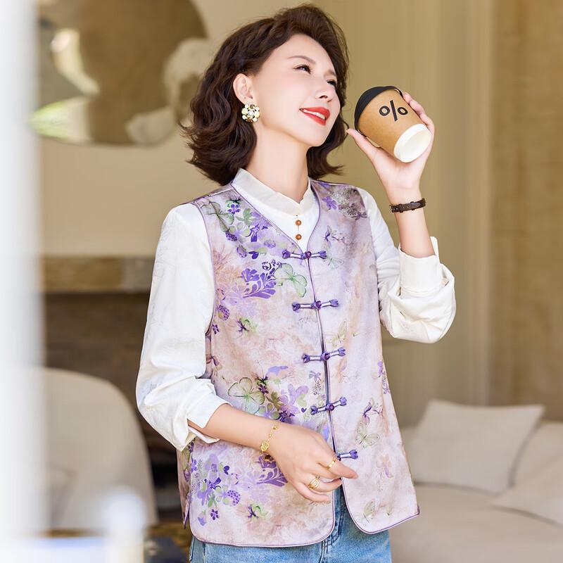 Pasto 2025 Autumn New Chinese Style Floral Print Disc Button Vest