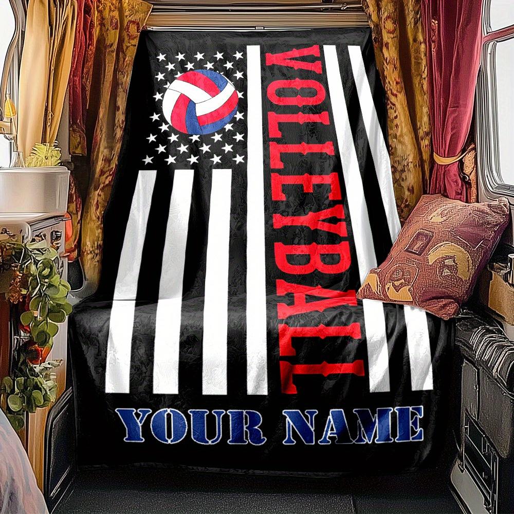 Volleyball American Flag Blanket Personalized Name Soft Comfortable Stylish Blanket Car Blanket Perfect For Travel Camping Outdoor Home Suitable For