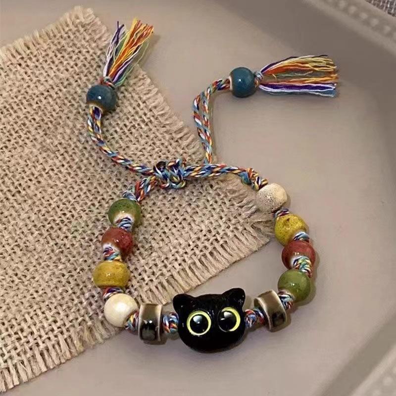Ceramic Color Braided Rope Beaded Cat Bracelet Female Niche Deign Retro Acceorie Kitten Cat Claw