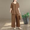 Women's Large Size Tencel Cotton-Linen Summer Suit: Slimming Round Neck Top & Wide-Leg Pants Two-Piece Set