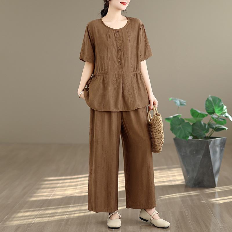 Women's Large Size Tencel Cotton-Linen Summer Suit: Slimming Round Neck Top & Wide-Leg Pants Two-Piece Set