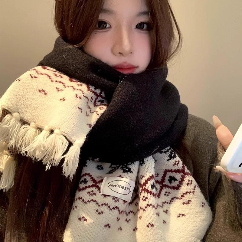 Red bow knitted fringed scarf women's winter atmosphere versatile Christmas warm student scarf