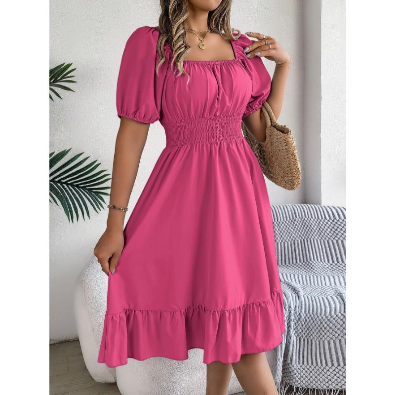 Summer Short Sleeve Square Collar Women Dress New Fashion Elegant Loose Casual Casual A-line Party Dresses Pleated Female Office Ruffled Clothing